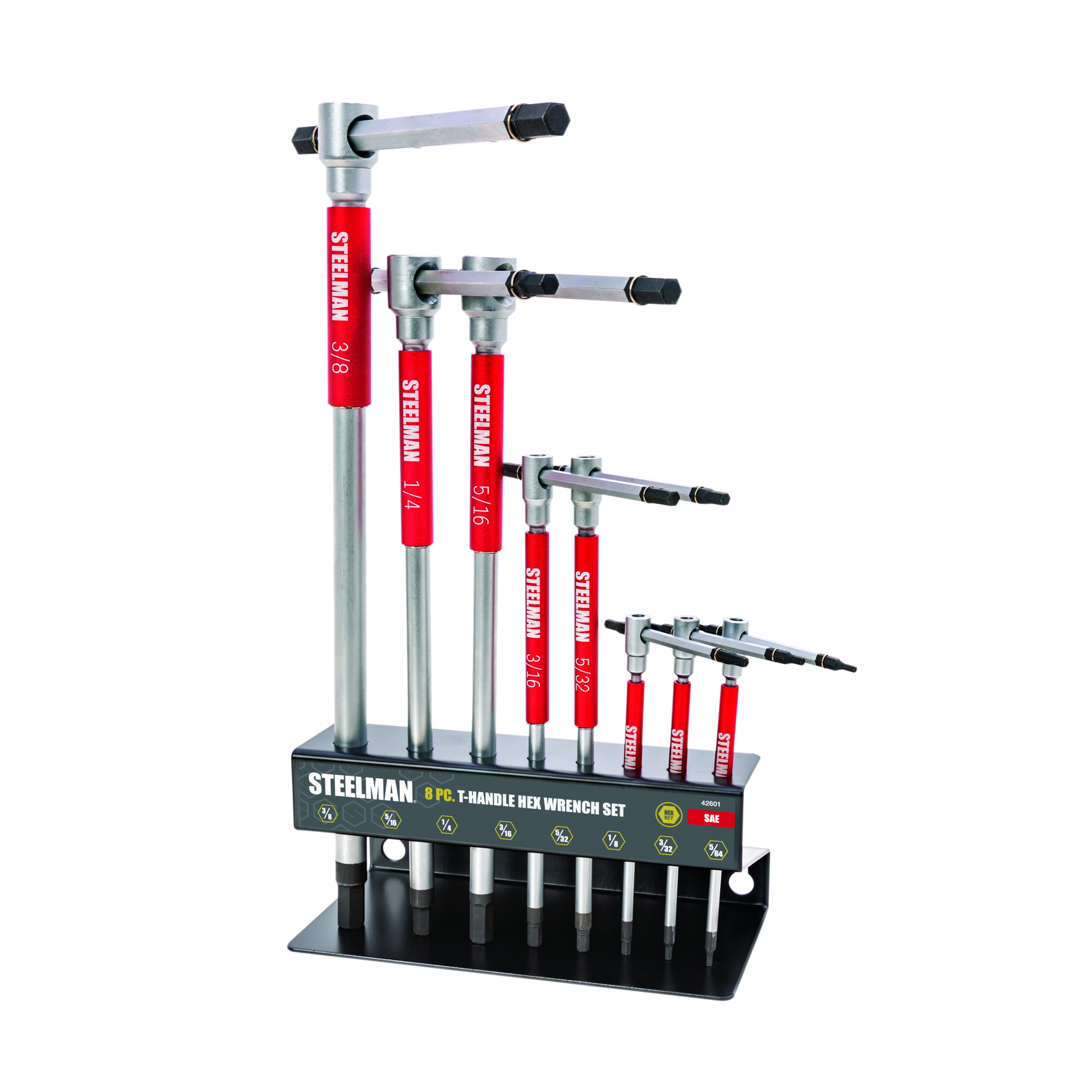 STEELMAN 8-Piece Sliding T-Handle SAE Hex Key Set with Free-Spinning Grip Sleeves, Model# 42601